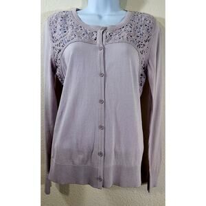 CAbi Lilac Light Purple Crochet Collar Button Up Cardigan Sweater Small Soft